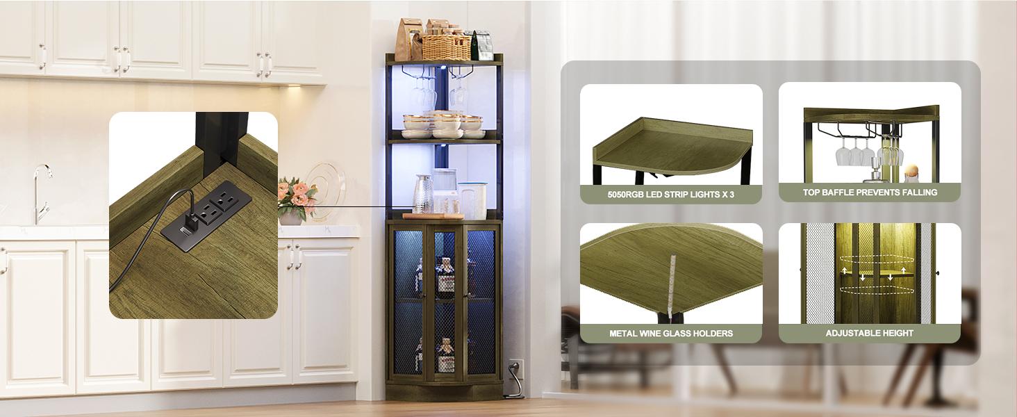 Corner Bar Cabinet with  Power Outlet and LED Strip, 65" H 5-Tier Corner Liquor Wine Display Cabinet for Home, Corner Bar and Storage Solution, for Living Room, Kitchen, Home Bar, Furniture,Gray