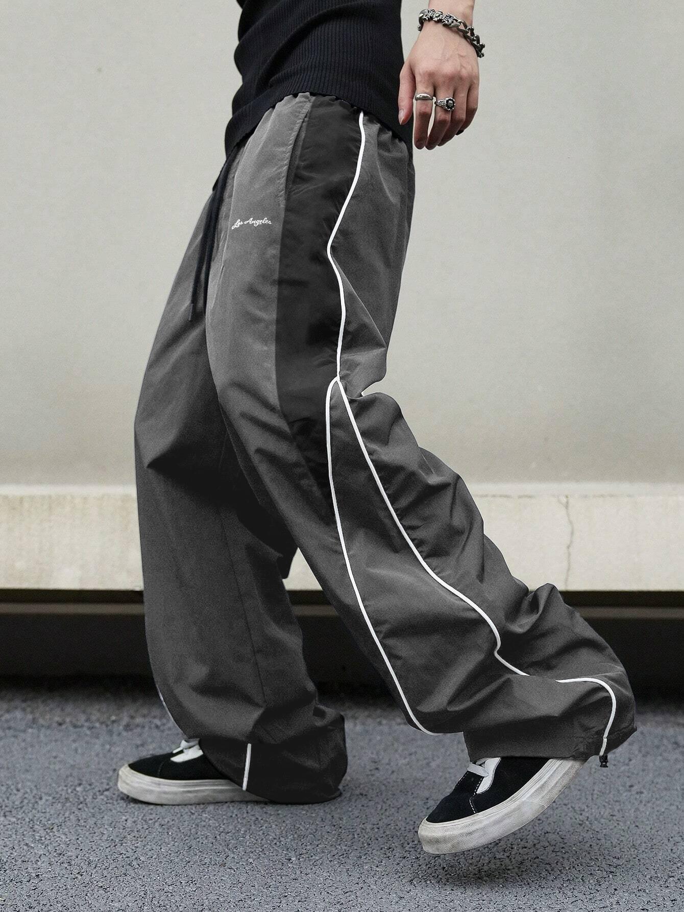 Men's Oversize Baggy Track Pants - Y2K Menswear Streetwear Stylish Loose Windbreaker Pants, Elastic Waist Drawstring Athletic Sportswear Casual Wide Leg Joggers for Everyday Street Use