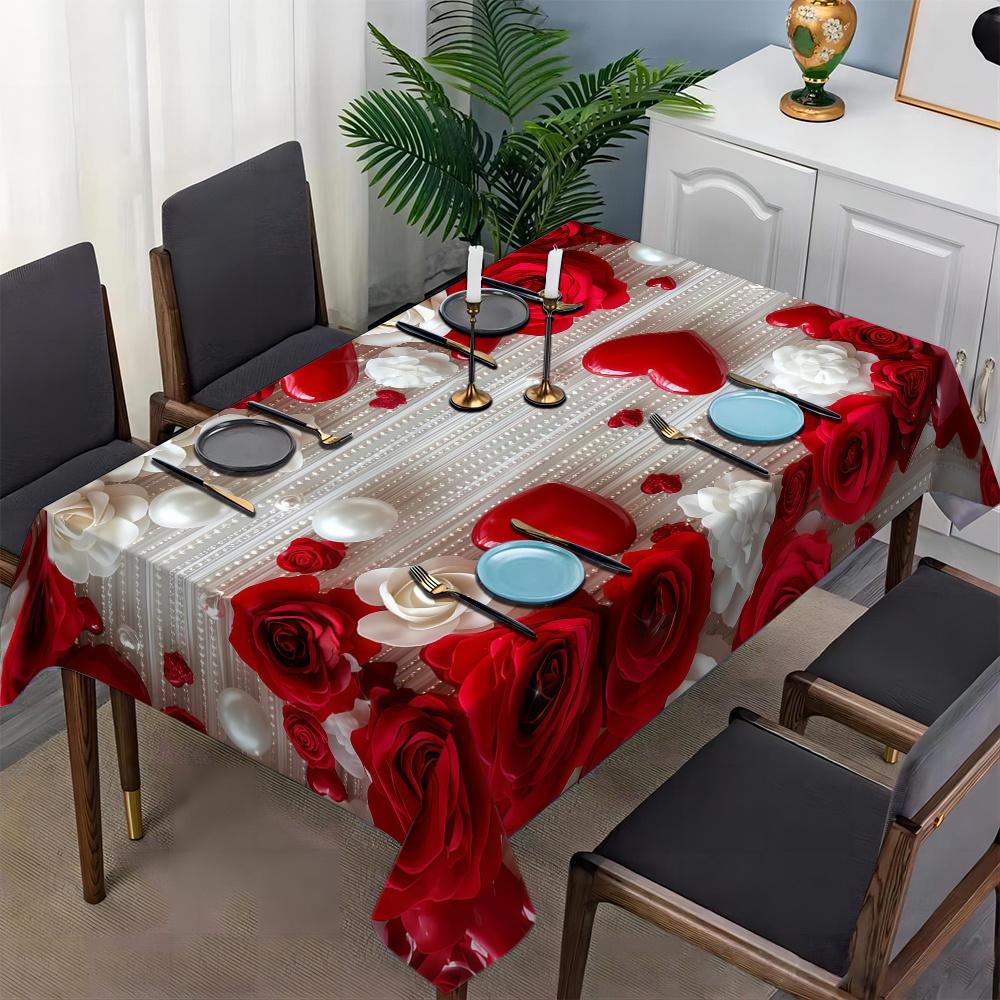 【 1PC 】 Romantic Printed Polyester Tablecloth with Rose, Pearl, and Heart Patterns, Suitable for Home, Kitchen, Restaurant, Party, Holiday - Indoor/outdoor Use