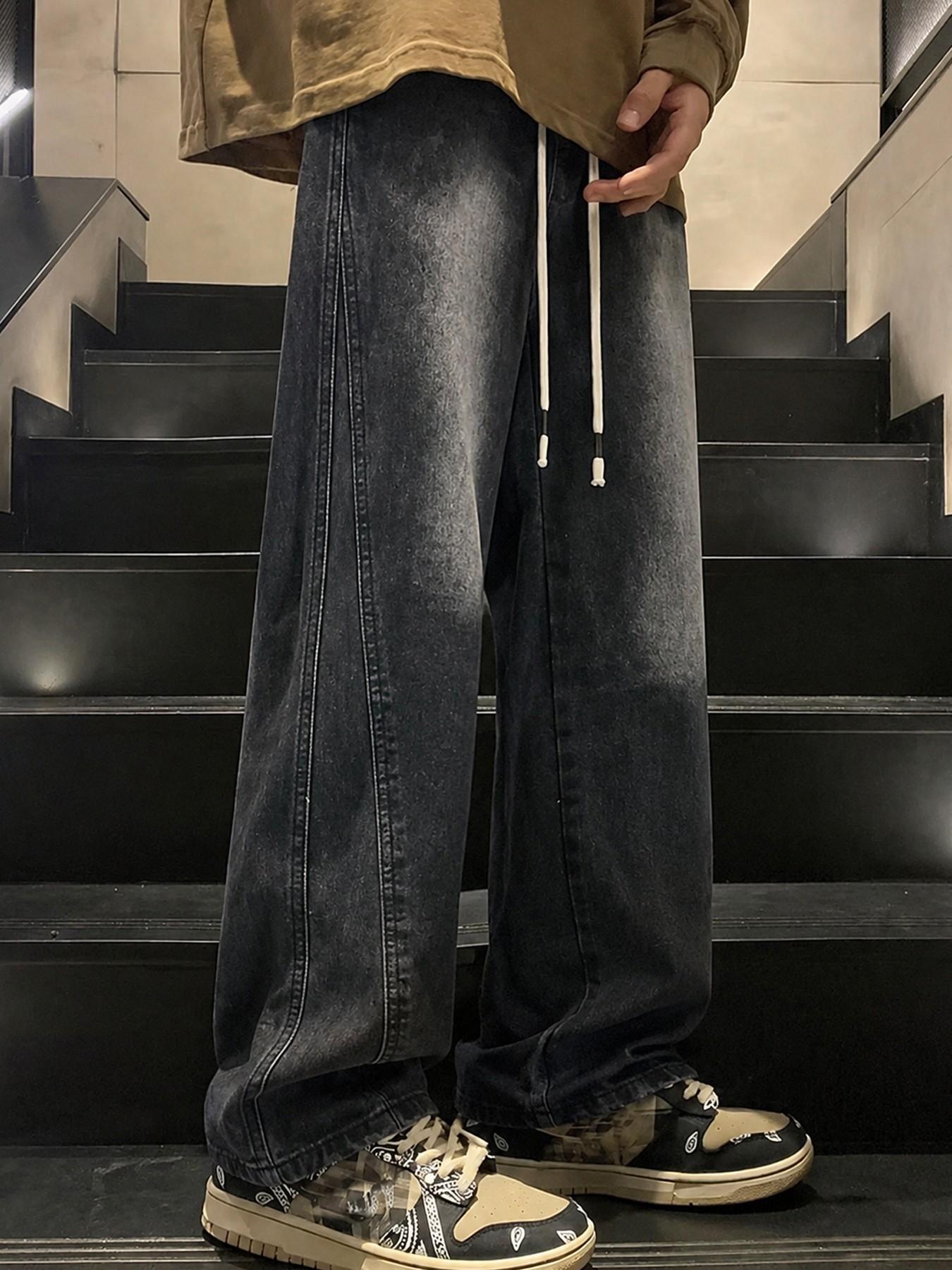Men’s Light Blue Washed Jacquard Jeans with Drawstring Waist and Vertical Panel Seams, Baggy Wide Leg Y2K Streetwear Denim Pants