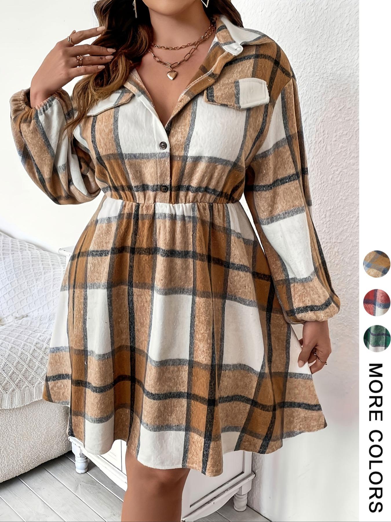 Women's Plus Size Plaid Shirt Dress, Long Sleeve Button Front Casual Short Skirt, Fall & Winter Fashion, Fitted Moderate Fabric
