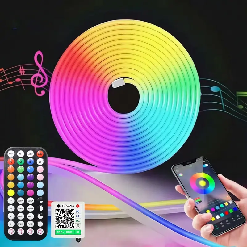 24V RGB neon LED strip, waterproof flexible rope light. Comes with remote control and APP control, color-changing ambient LED light. Suitable for bedroom and Christmas decorations.