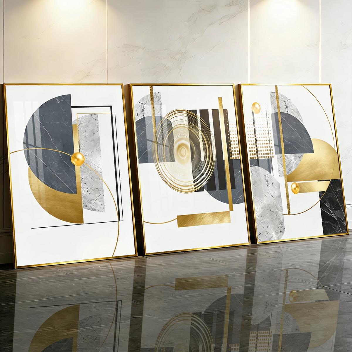 3 Counts Aluminum Alloy Framed Painting, Geometric Gold And Grey Abstract Art, Home Decoration For Living Room, Bedroom, Office, Restaurant, Hallway Wall Decor, Odorless Print Artwork, Luxury Perfect Gift For Friends And Family