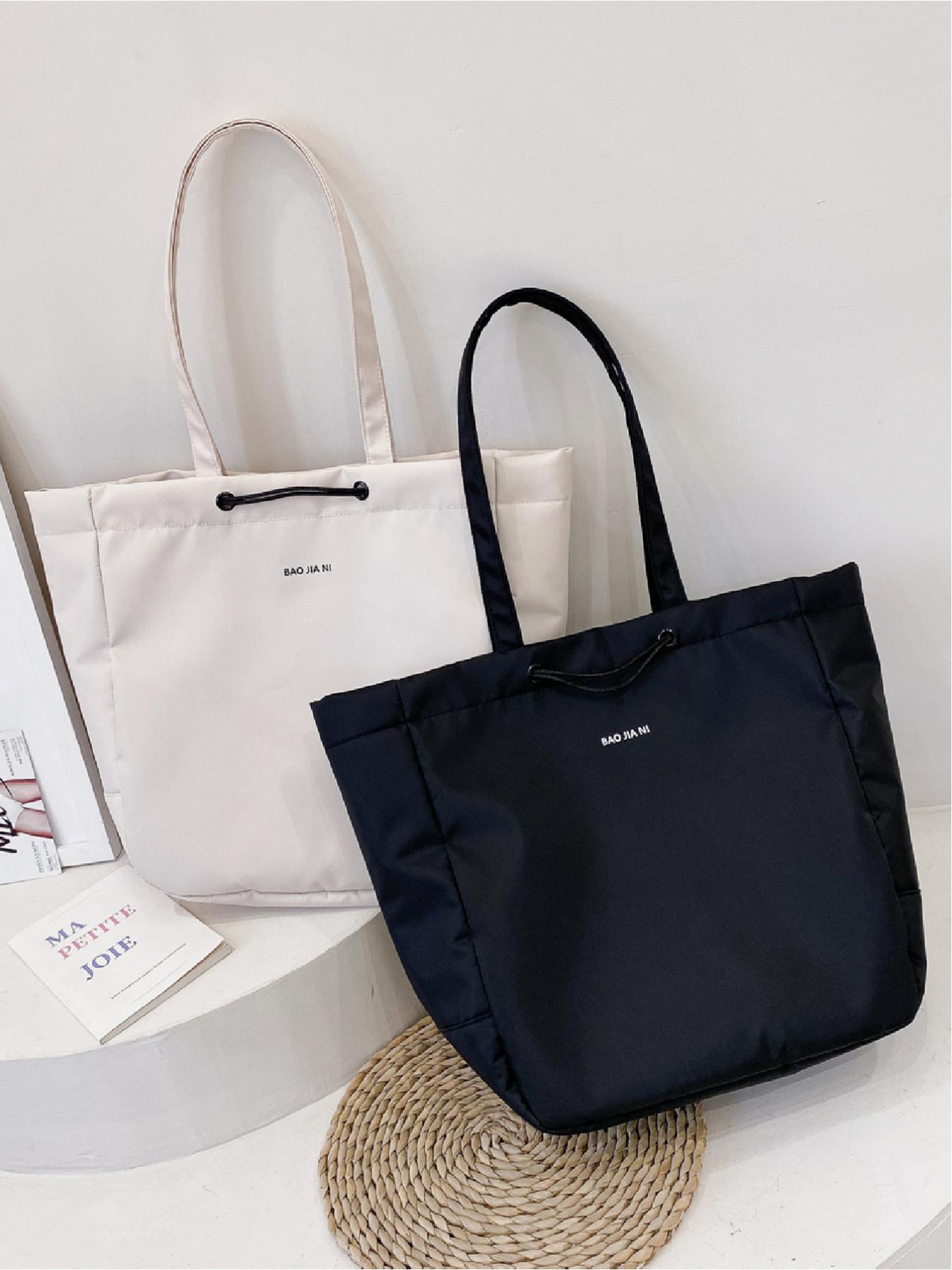 Large capacity drawstring design shoulder bag solid color with letters simple casual tote bag handbag shopping bag travel bag