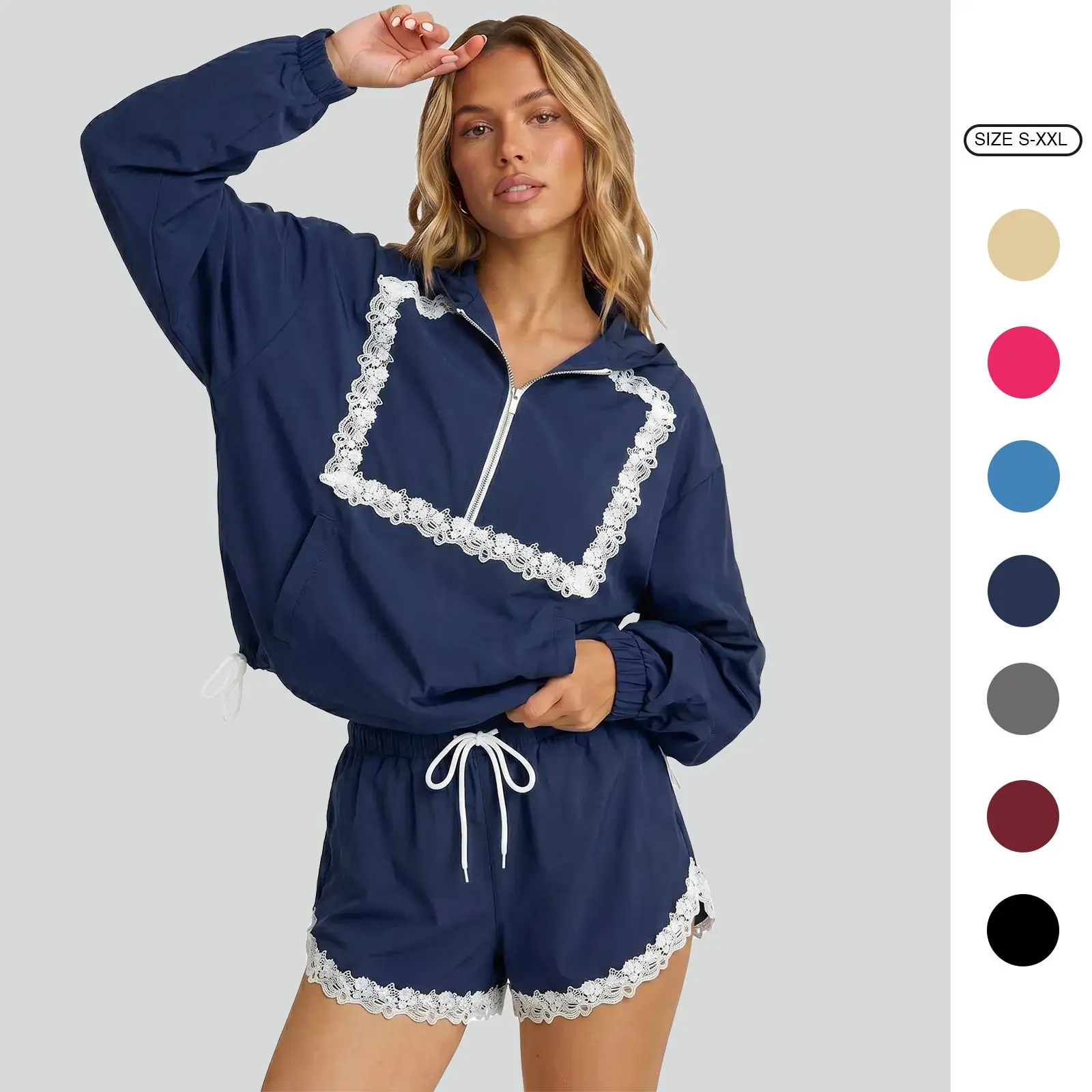 Imily Bela Women's Lace Trim 2 Piece Lounge Set Half Zip Hooded Sweatshirt & Drawstring Shorts Matching Outfit with Pockets
