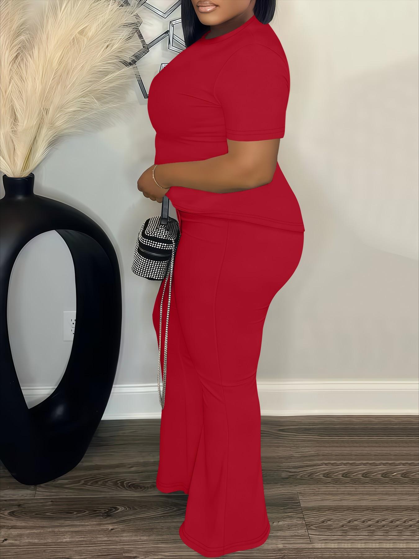 Women's Fashion Casual Short Sleeve Set, Plain Loose-Fitting High Waist Pants & Top, Spring & Fall, Plus Size