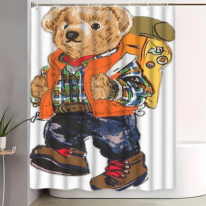 Vintage Bear Polo Shower Curtain Set, Home Bathroom Gift, Includes 12 Hooks, Non-Slip Bath Mat, U-Shaped Toilet Lid Pad