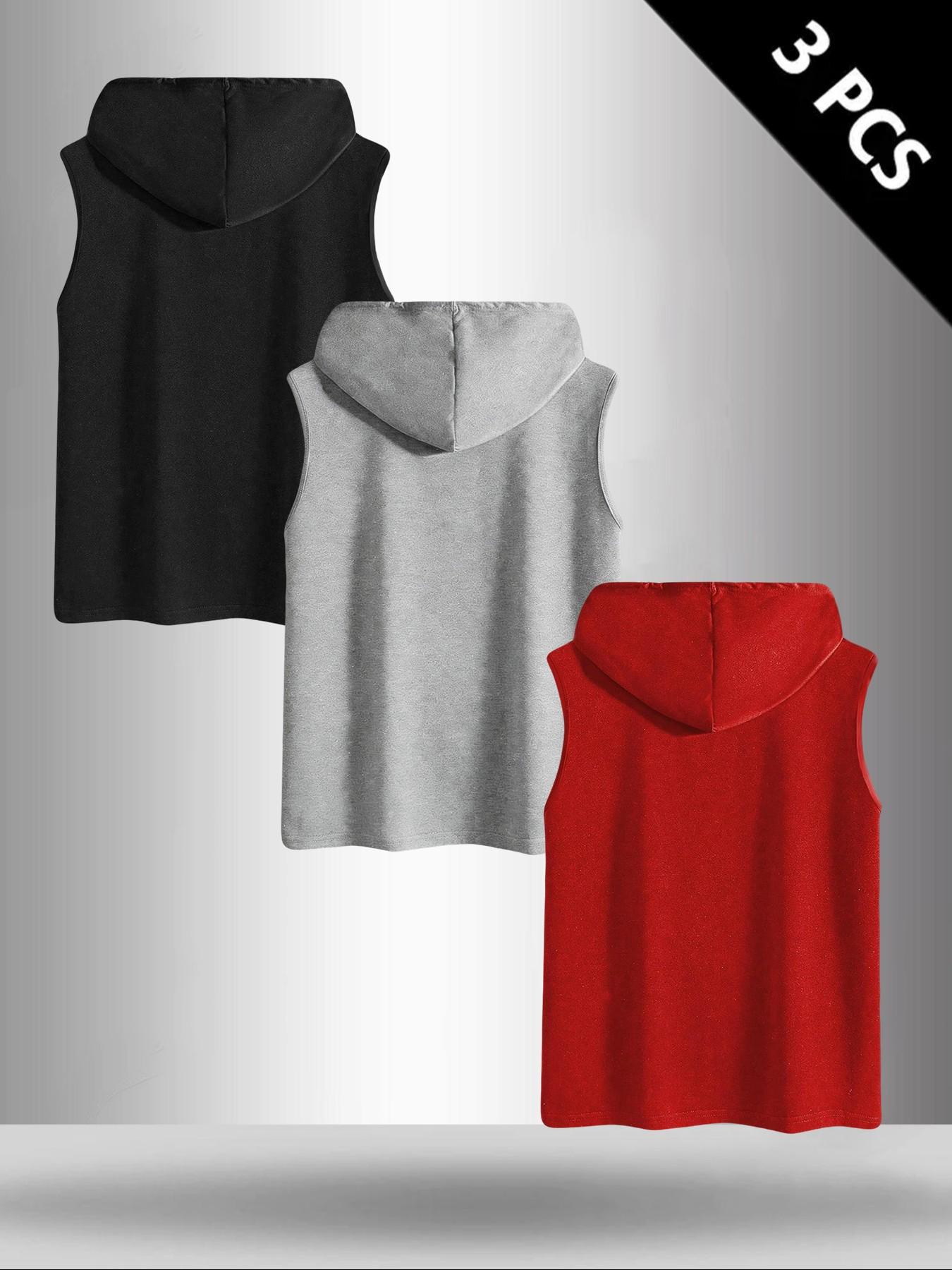 Men's 3-Piece Set Bull Head Print Round Neck Sleeveless T-Shirt, Casual Comfortable Hooded Vest, Summer Outdoor Fitness Wear