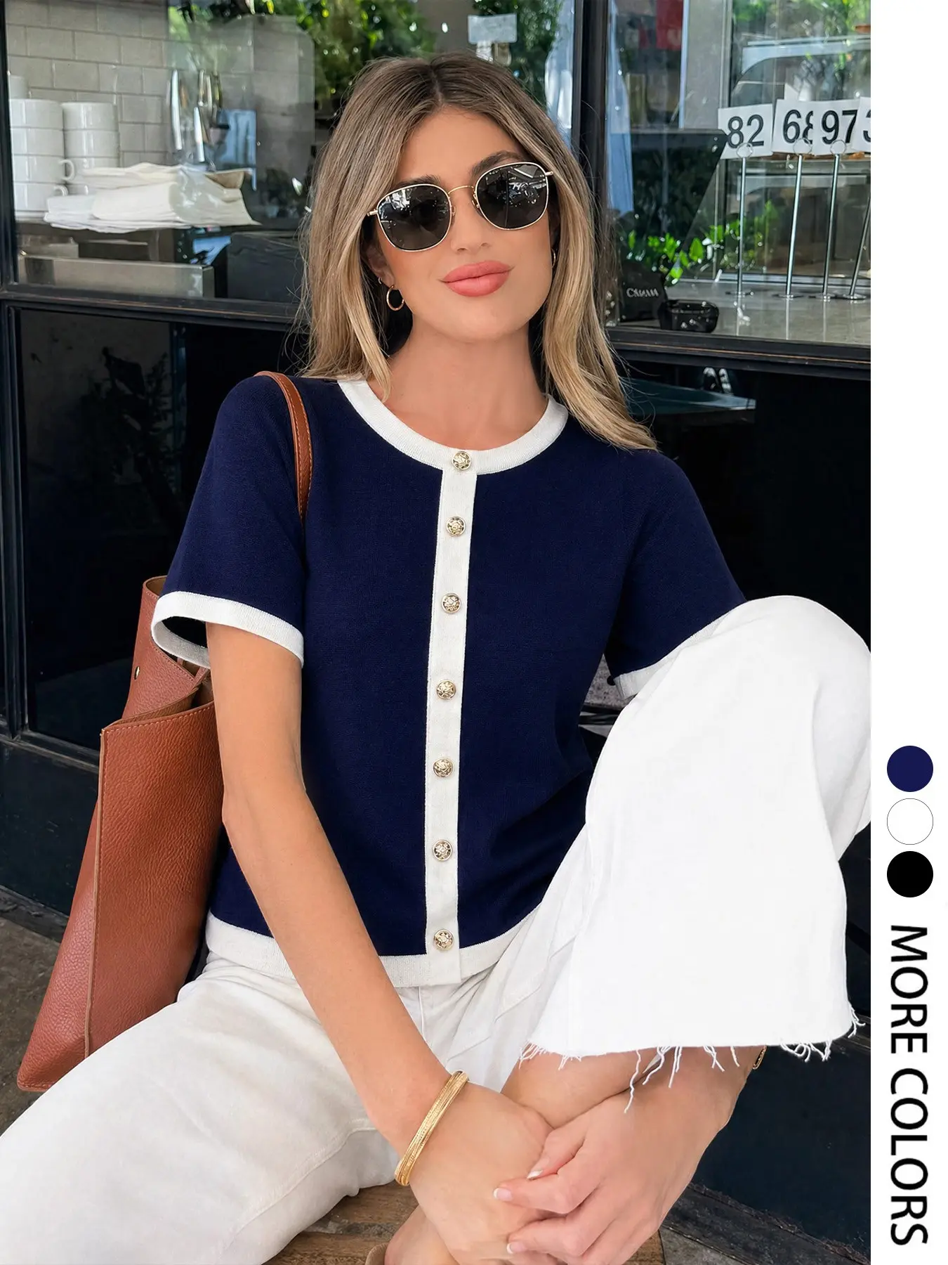 Elegant Women's Fall Winter Fashion Casual Home Office Pullover, Colorblock Round Neck Short Sleeve Knitwear Knit Top, Simple Fitted Design, Casual Knit Sweater