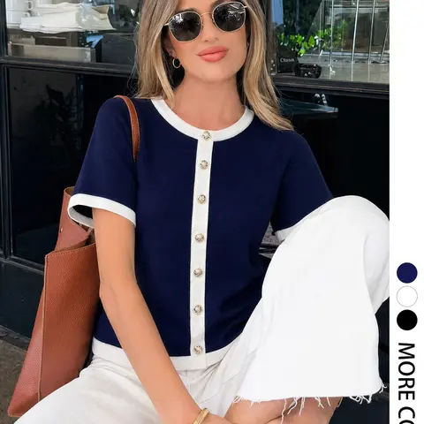Elegant Women's Fall Winter Fashion Casual Home Office Pullover, Colorblock Round Neck Short Sleeve Knitwear Knit Top, Simple Fitted Design, Casual Knit Sweater, Casual Pullover Tops
