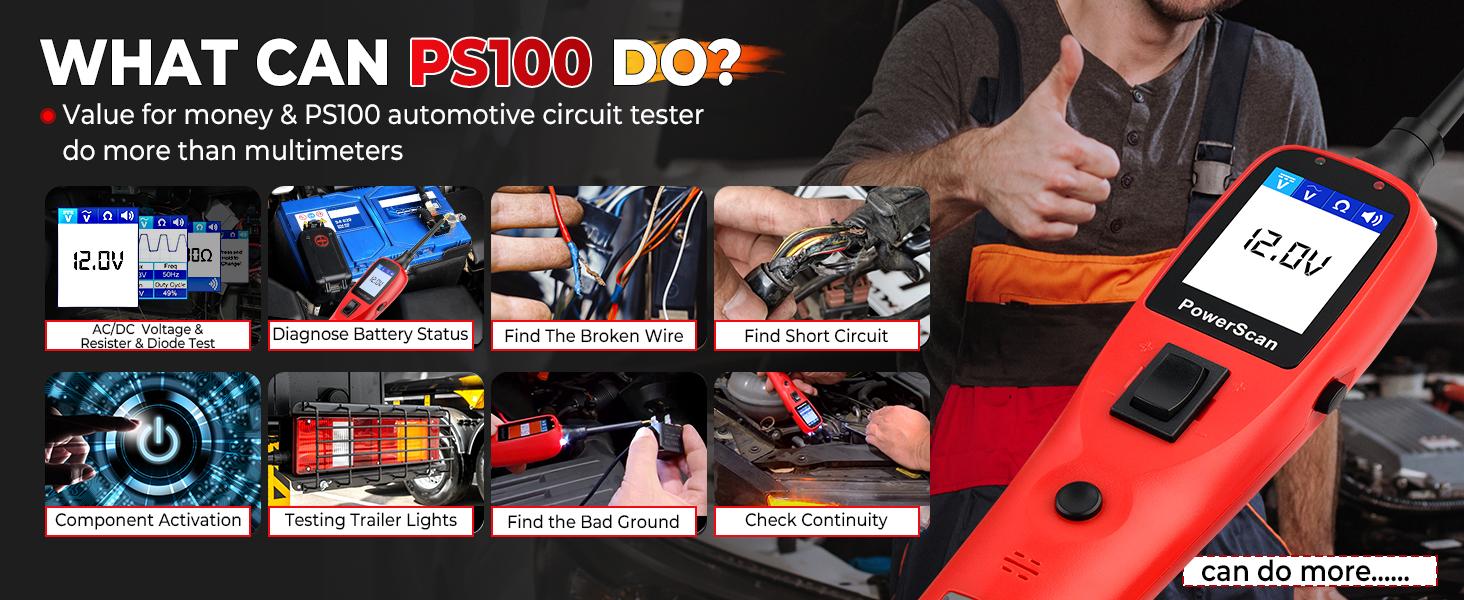 Autel Circuit Tester PS100, Power Circuit Probe Scan Tool, 12-24V Electrical Short Open Breaker Circuit Finder, Auto Circuit Tester, Digital Multimeter/Relay & Diode Resistance Tool Kit, 20FT Long Cord