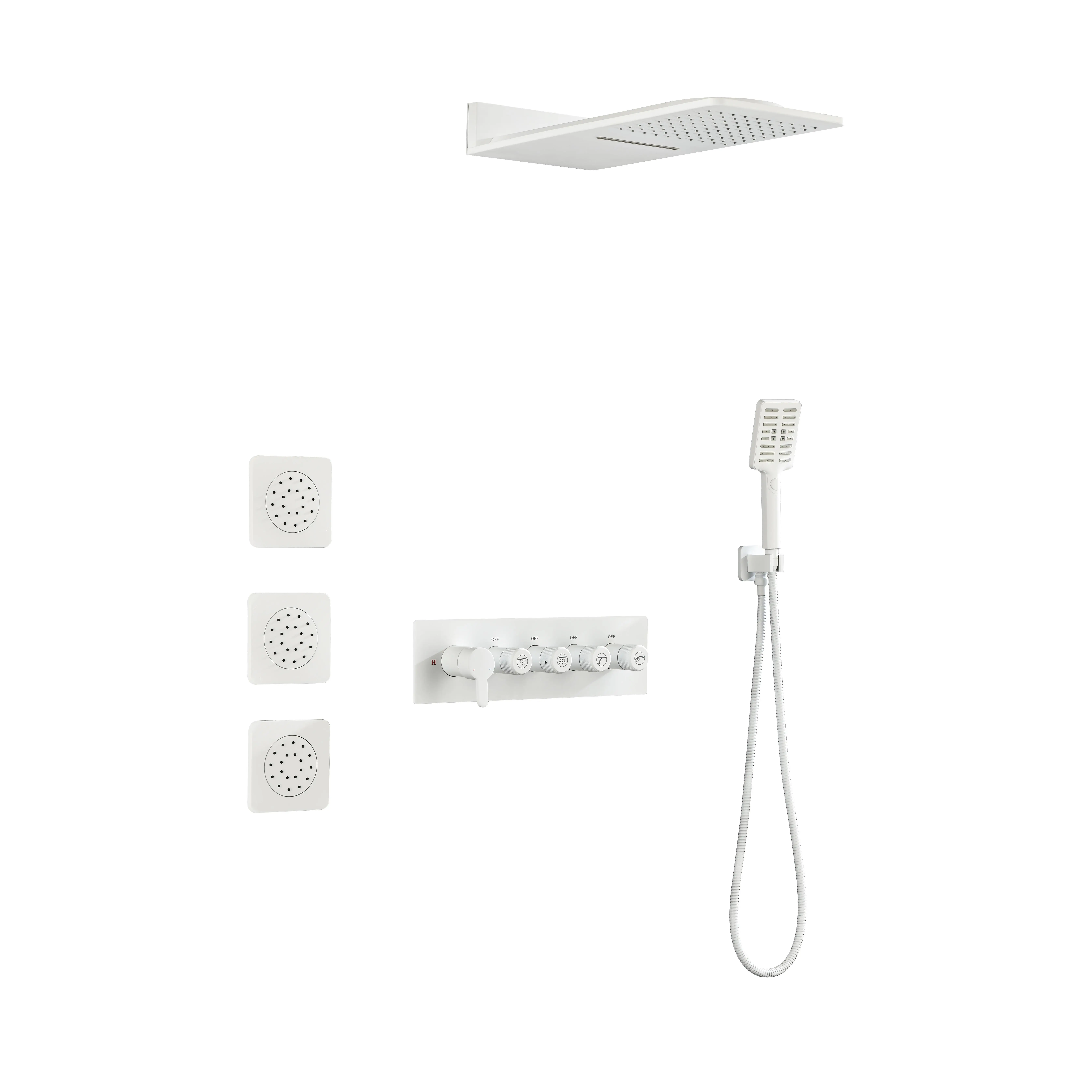 ARCH Wall Mounted Waterfall Rain Shower System with 3 Body Sprays & Handheld Shower, Brass Fixed Showerhead, Self-Cleaning Silicone Nozzles, White Finish, American Standard Connections, Bathroom Shower Panel, White Color Options, brass Material
