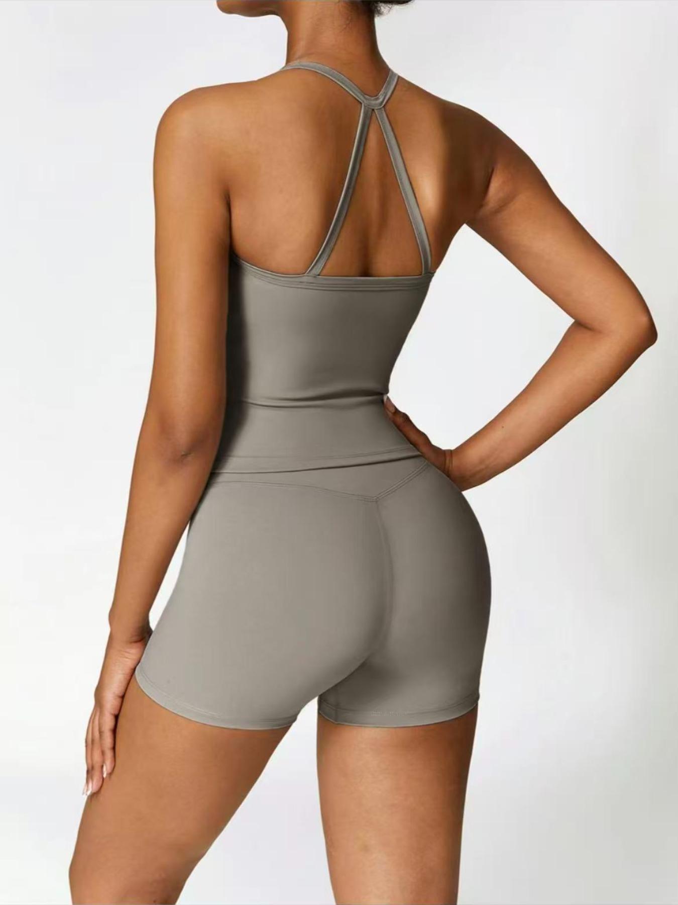 Women's Quick-Dry Two-piece Set, Active Sets, Sculpting Workout Outfit, Solid Backless Cami Top & High Waist Tummy Control Butt-Lifting Shorts, Ladies Sportswear for Indoor Outdoor Wear, Yoga Gym Running Wear, Activewear Yoga Fitness