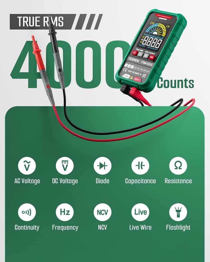 TESMEN TSM-522S Smart Digital Multimeter, 4000 Counts, Auto-Ranging Voltmeter, Non-Contact Voltage test, Measure AC/DC Voltage, Resistance, Capacitance, Frequency, Live Wire, Diode Test, Continuity