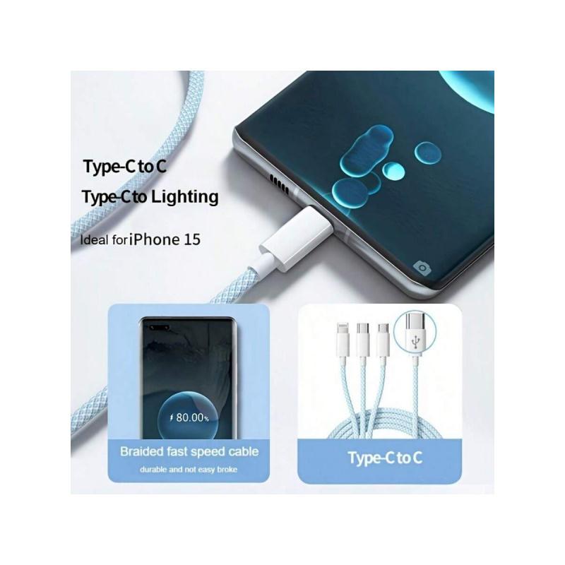 Typec 3-in-1 USB Cable, Super Fast Charging, Pd & USB-C to Type-C Cord, Car Charging Cable for Iphone16/15/14/13, Braided Fast Charge Data Cable Type-C to Lightning & Android Pd Interface Fast Charging Function