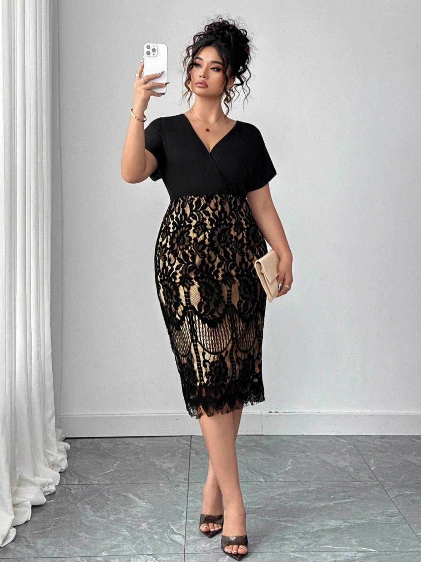 【Plus Size】 Solid V Neck A Line Fitted Dress, Elegant Chic Bishop Sleeve Patchwork Dress for Party Holiday Wedding Guest, Women's Clothes for Spring & Fall