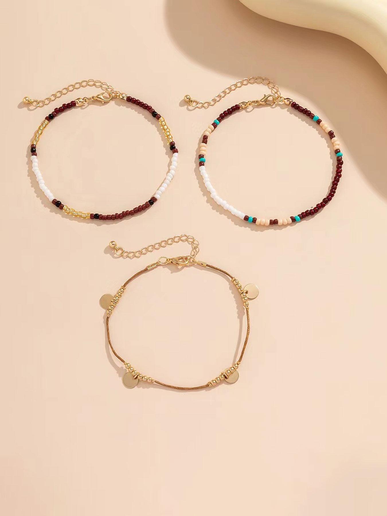 Bohemian Beaded Anklet Set (3 Pieces), Layered Anklet, Adjustable Multi-Layer Chain Ankle Bracelets for Women and Girls, Fashion Body Jewelry for Beach Party Vacation