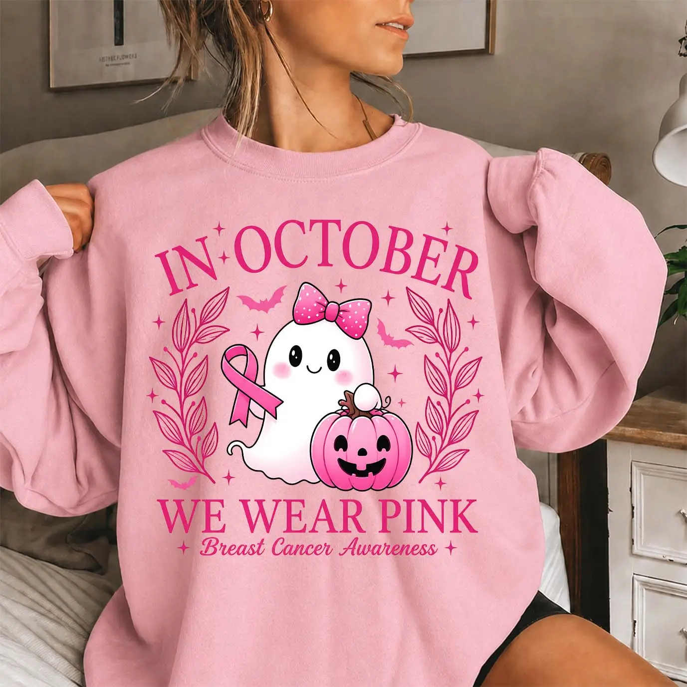 Women’s Pink October Ghost & Pumpkin Graphic Sweatshirt, Pink Ribbon Awareness Crewneck Pullover, Cute Halloween Long Sleeve Fall Top, Cozy Casual Shirt for Autumn Outfits, October Events, Weekend Wear & Support-Themed Gifts