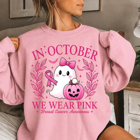 Women’s Pink October Ghost & Pumpkin Graphic Sweatshirt, Pink Ribbon Awareness Crewneck Pullover, Cute Halloween Long Sleeve Fall Top, Cozy Casual Shirt for Autumn Outfits, October Events, Weekend Wear & Support-Themed Gifts