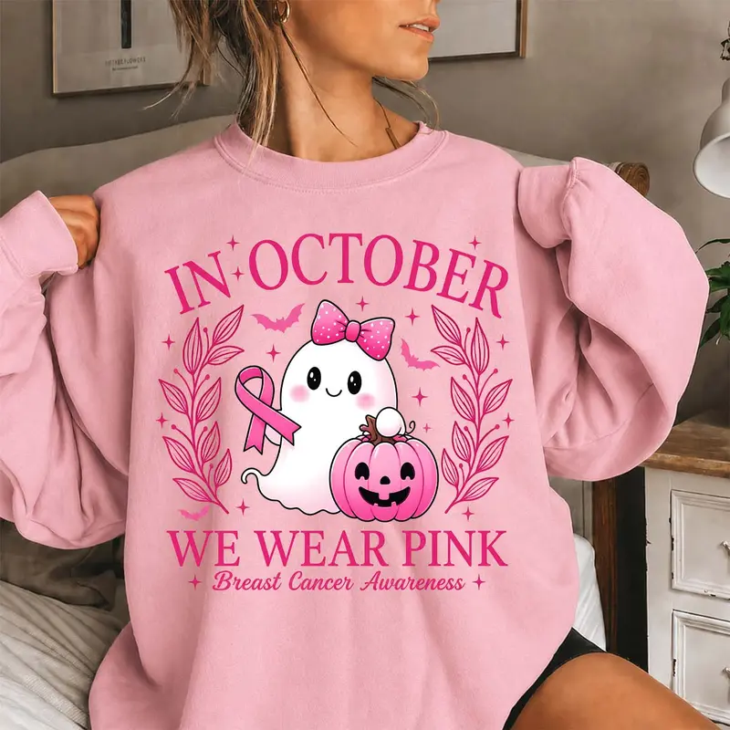 Women’s Pink October Ghost & Pumpkin Graphic Sweatshirt, Pink Ribbon Awareness Crewneck Pullover, Cute Halloween Long Sleeve Fall Top, Cozy Casual Shirt for Autumn Outfits, October Events, Weekend Wear & Support-Themed Gifts