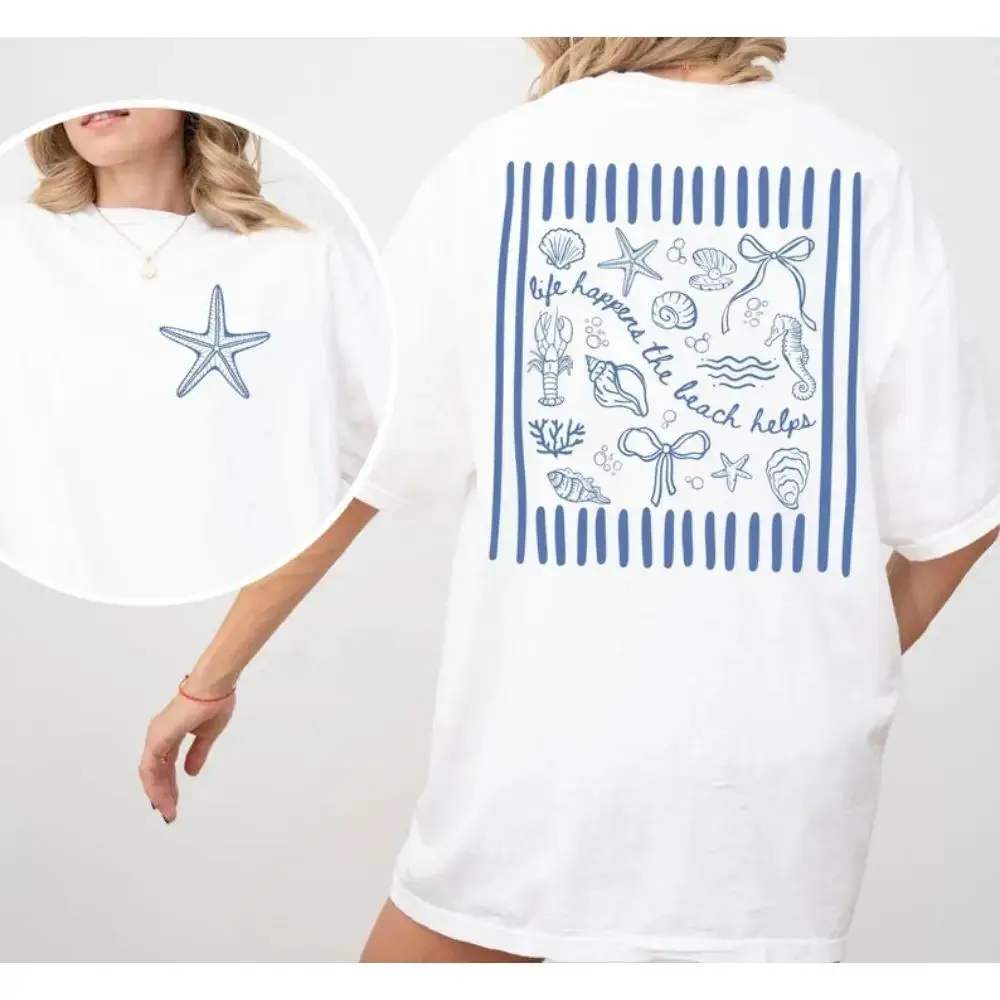 Women's Graphic Round Neck Casual Beach Sports Top - Soft Fitted Short-Sleeve, Coquette Seashell Design, Comfortable All-Season Summer Wear