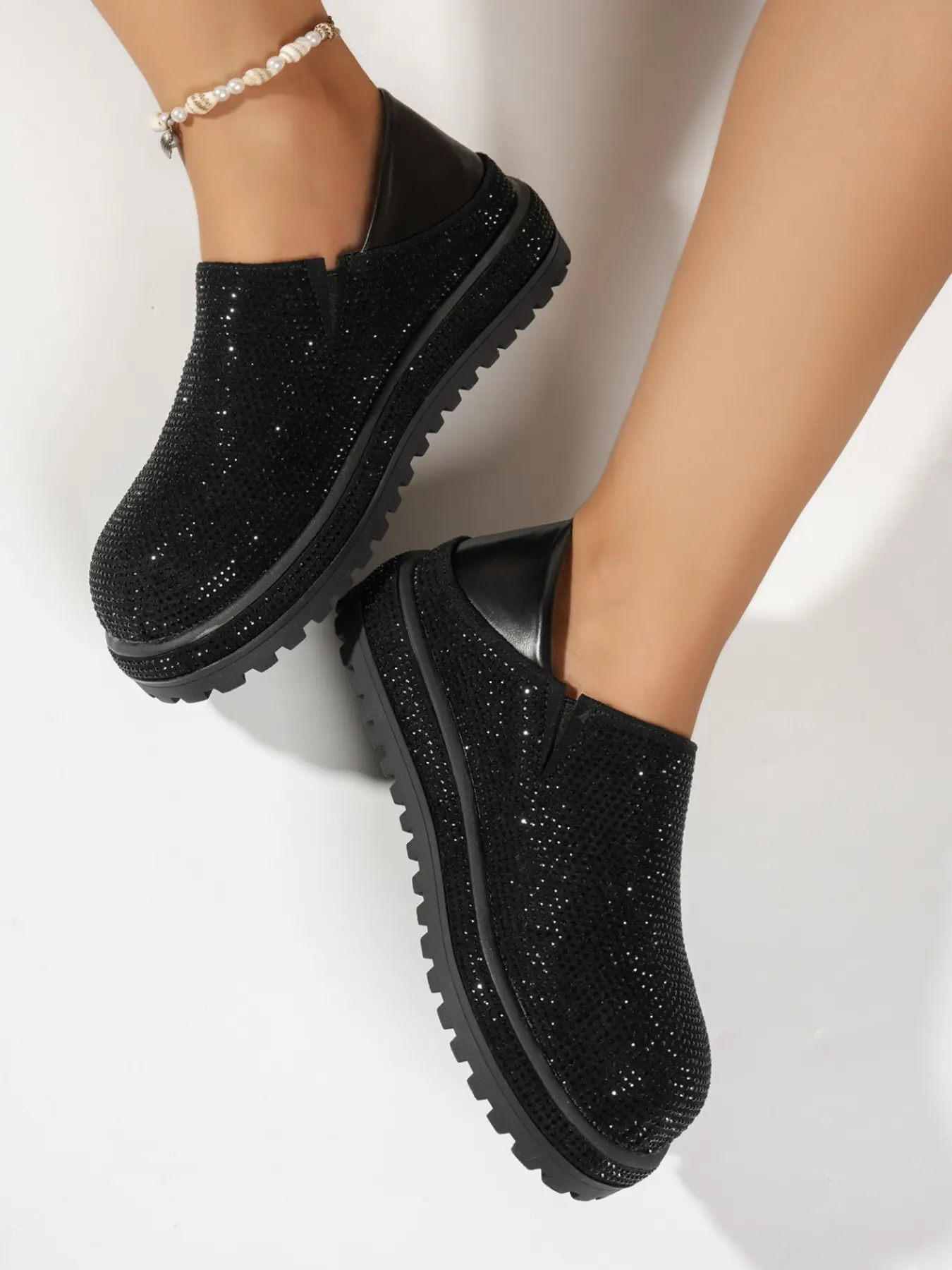Sparkly Round Toe Slip-On Shoes, Convertible Heel to Sandals, Thick Anti-Slip Sole, Rhinestone Upper, Casual Everyday Wear