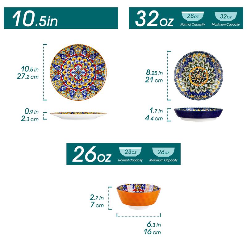 vancasso 12/16/18/24 Pieces Dinnerware Sets, Plates and Bowls Set, Porcelain Dishes Set for 4/6, Microwave and Dishwasher Safe, Scratch Resistant, Bohemian Style Dining Ware Service for 6, Series SIMI