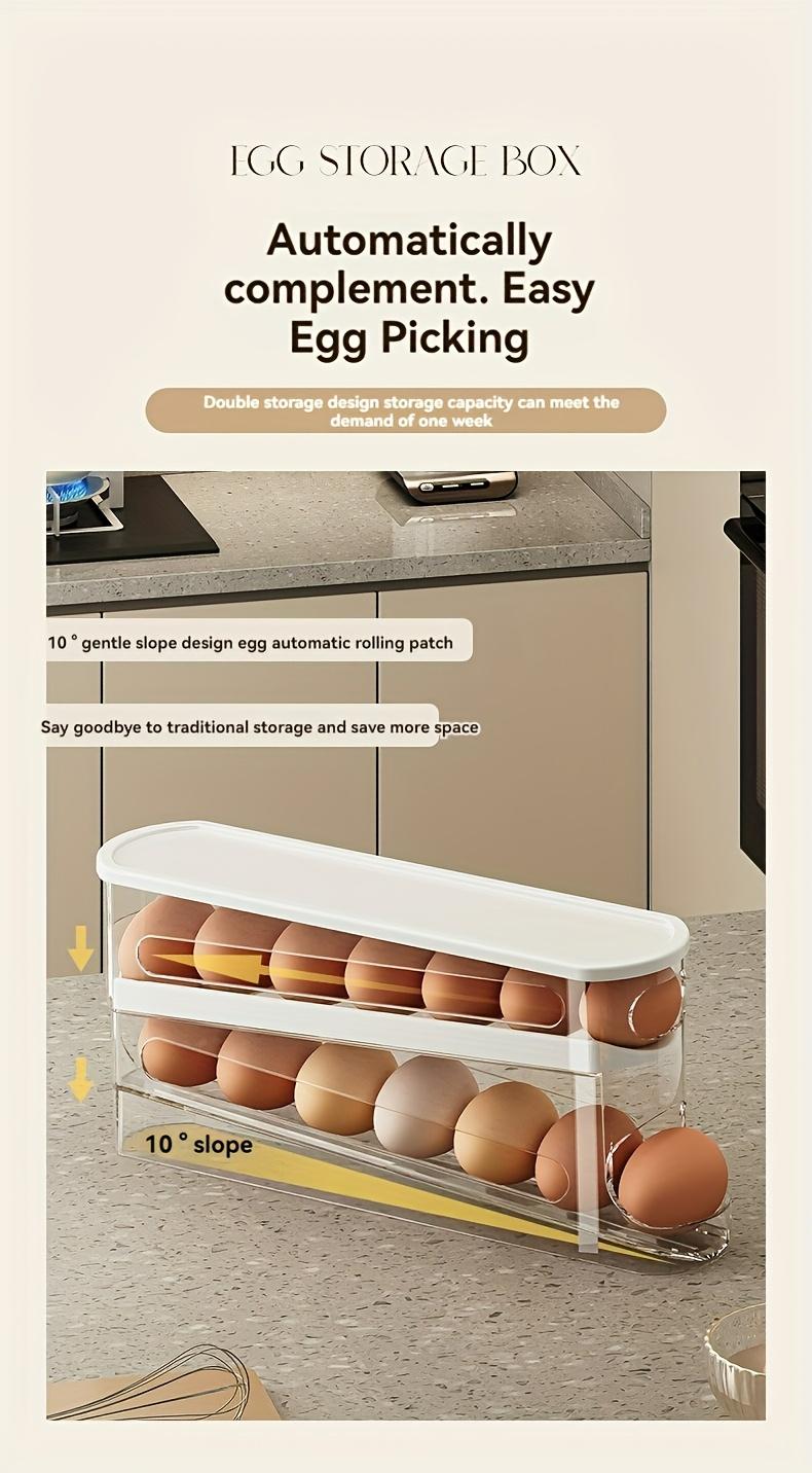 A stackable, adjustable rolling egg rack for refrigerator doors, Stackable Fridge Organizer, Refrigerator Storage, made of durable plastic, can hold 18 eggs, no battery required, suitable for kitchen organization accessories.