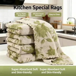 Kitchen Absorbent Dishcloth, Rose Print, Non-Shedding, Oil-Resistant, Coral Fleece Cloth, Ideal for Table Cleaning