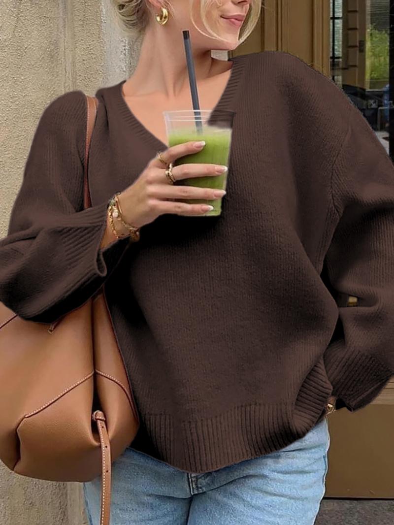 Pure Color Casual V-Neck Long Sleeve Loose Knit Sweater, Fitted Style for Fall, Comfortable and Stylish Women's Pullover