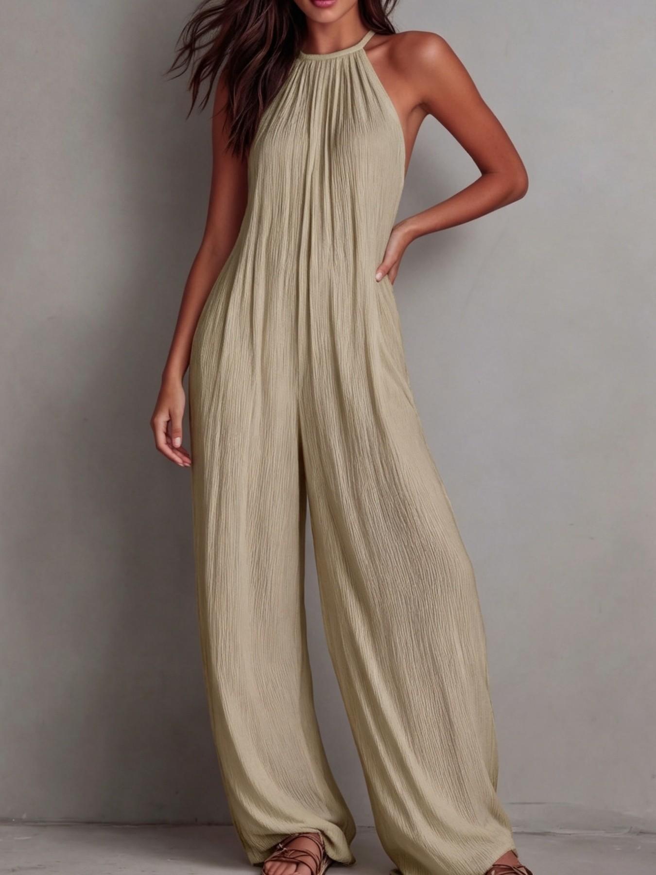 2026 New Fashion Halter Neck Sleeveless Solid Color Ruched Back Wide Leg Romper Jumpsuit, High-End Resort Style Casual Loose Fit Long Pants, Suitable for Work and Daily Outing
