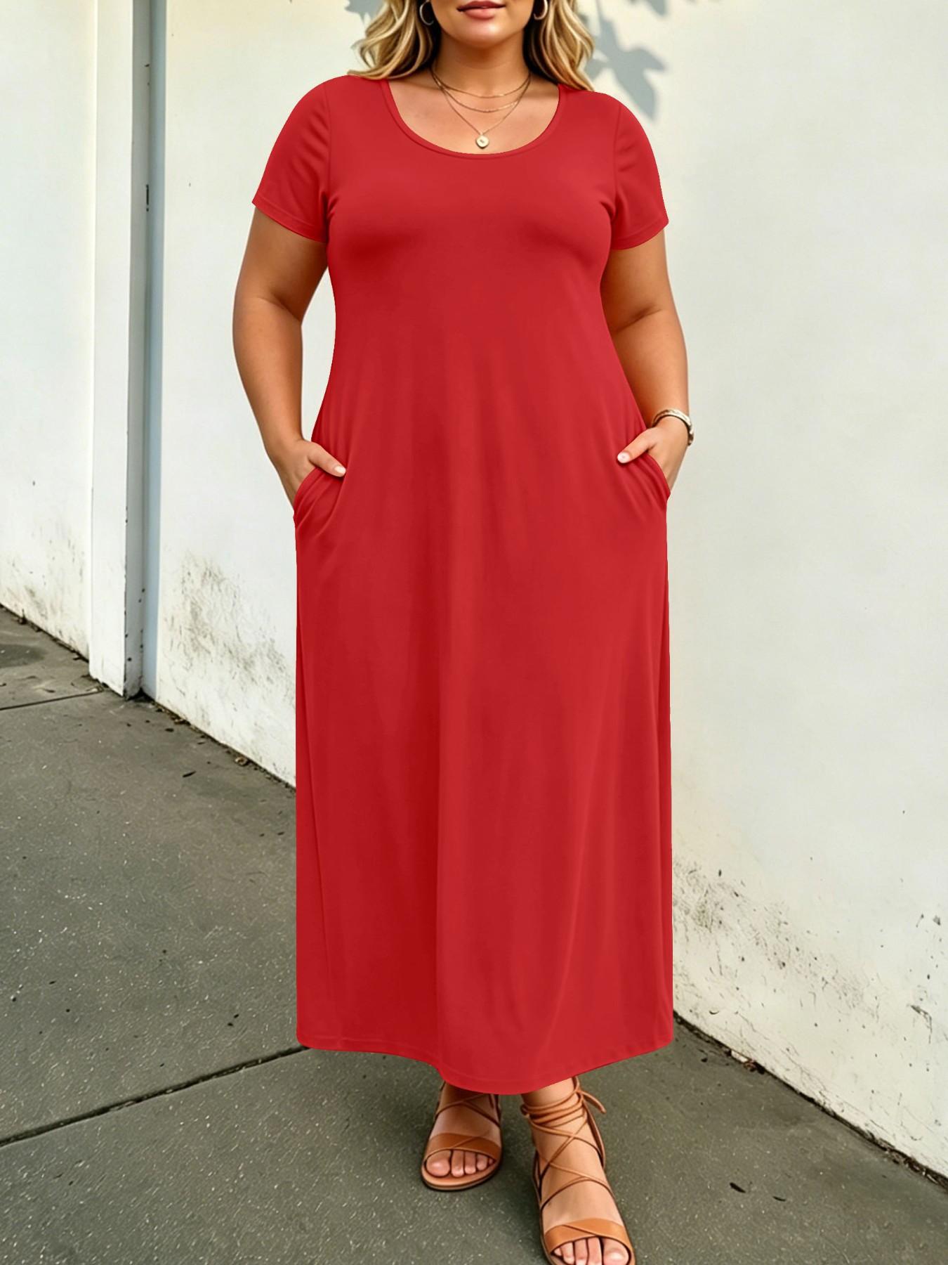 Plus Size Solid Color Loose Maxi Dress, Short Sleeve, Round Neck, Side Pockets, Curvy Daily Wear, Tummy Hiding