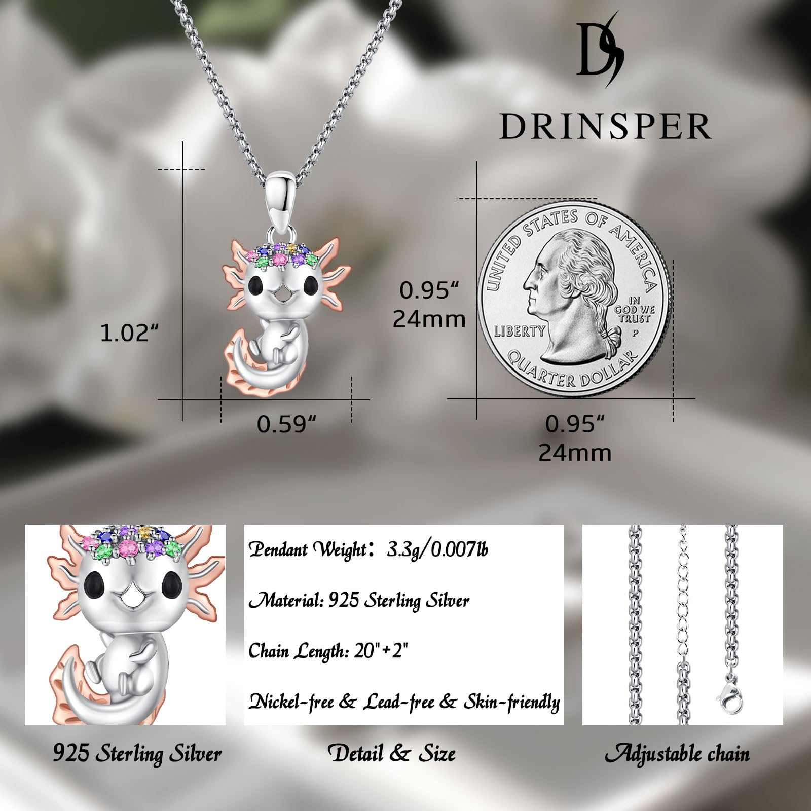 DRINSPER Axolotl Necklace 925 Sterling Silver Pendant Jewelry Gift Daily Wear Charm with Colorful Rhinestone Decor Necklace Gift for Women