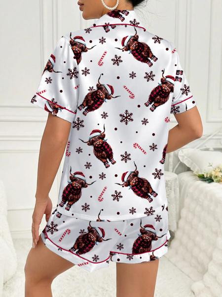 【Christmas Pajamas】Cute Highland Cow Animal Print Short Sleeve Pajama Set, Comfortable Sleepwear for All Seasons, Christmas Gift