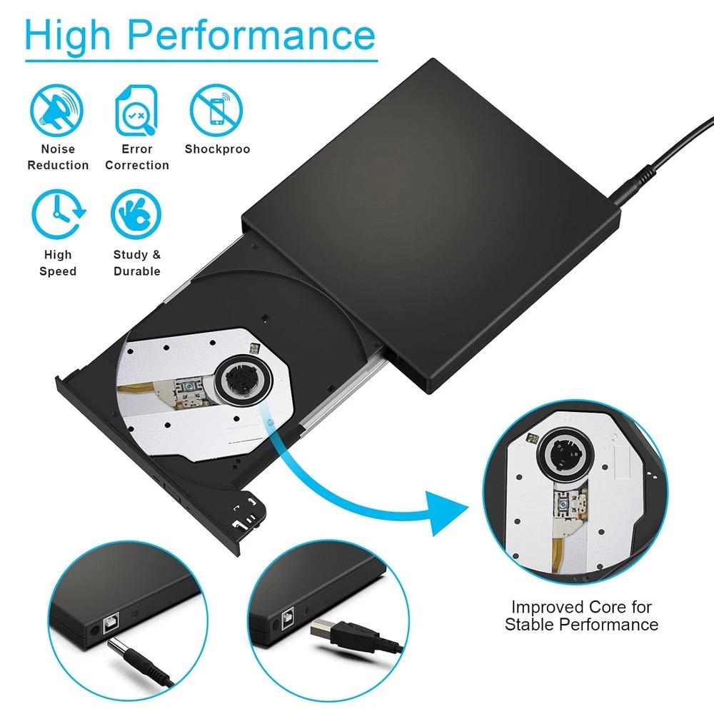 Usb 3.0 external dvd cd burner, portable cd dvd drive for Laptop Desktop, Plug and Play, 24X Read Write, Shock resistant, Compatible with Windows Mac Linux, dual Power Cables for Stable Use