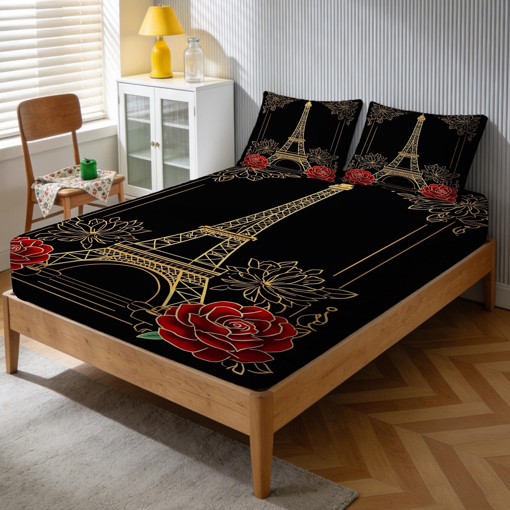 2/3 Pcs Paris Tower,Rose Theme Pattern Bedding Fitted Sheet Set(1* Fitted Sheet+1/2* Pillowcase,core Free),machine Washable,zipper Seal,multiple Sizes Suitable For All Seasons,suitable For Bedrooms,perfect Gift Festivals