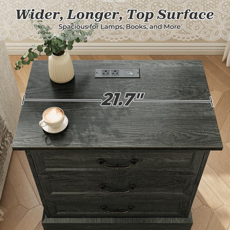 Huuger Nightstand with Charging Station, 3 Drawer Night Stand, 22 Inch Wider Side Table with Storage, Farmhouse Nightstand with Vintage Handles, Thicken Base, for Bedroom Huuger Nightstand with Charging Station, 3 Drawer Night Stand, 22 Inch Wider Side Table with Storage, Farmhouse Nightstand with Vintage Handles, Thicken Base, for Bedroom