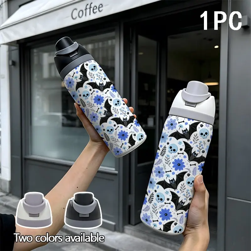 32oz Dual Drink Sports Water Bottle, Dark Floral Bat Pattern, Stainless Steel Insulated Tumbler, Perfect Gift for Women and Family