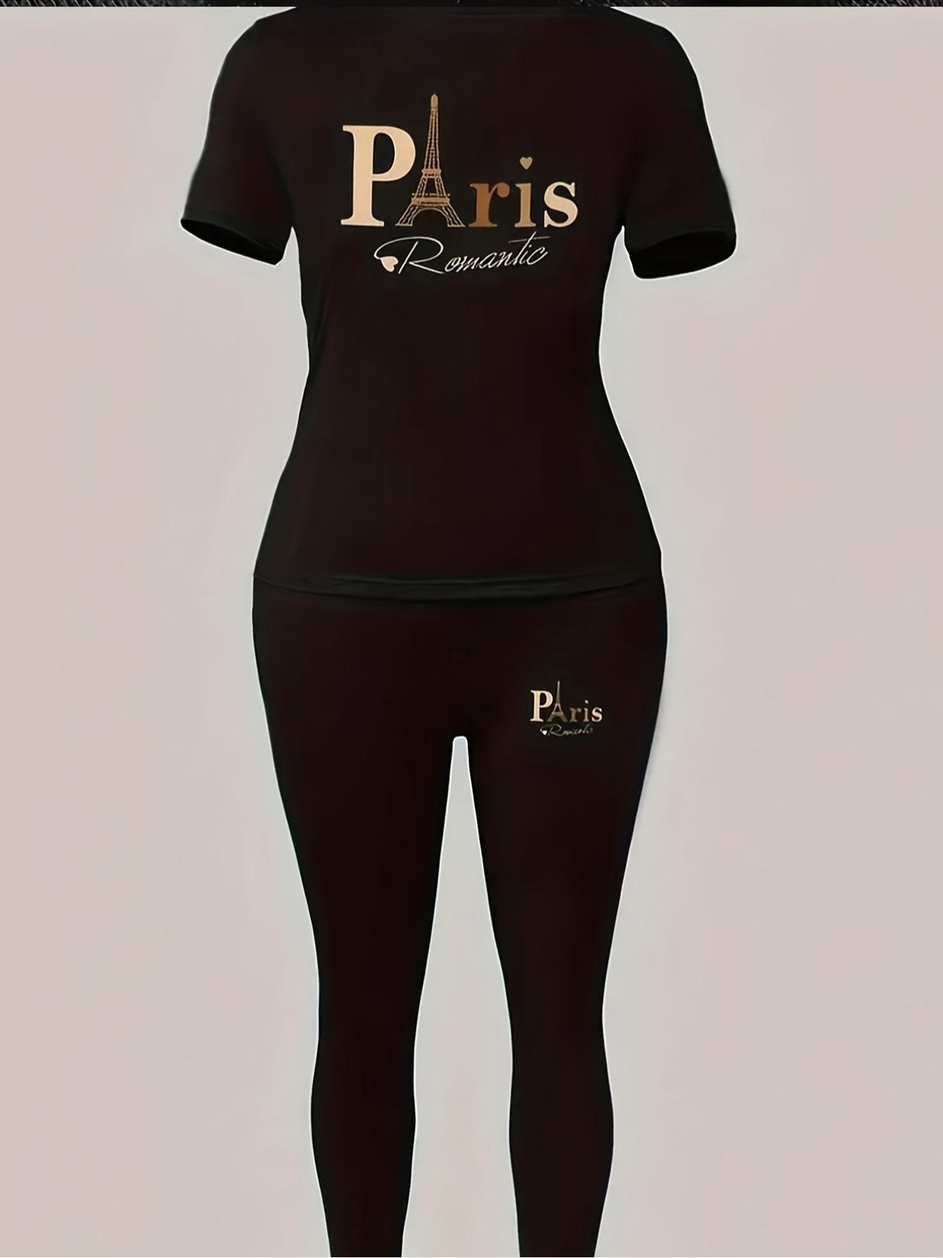 Women's Paris Print Two-Piece Set, Casual Solid Color Short Sleeve Round Neck T-Shirt & Tight Pants, Ladies Fashion Clothing