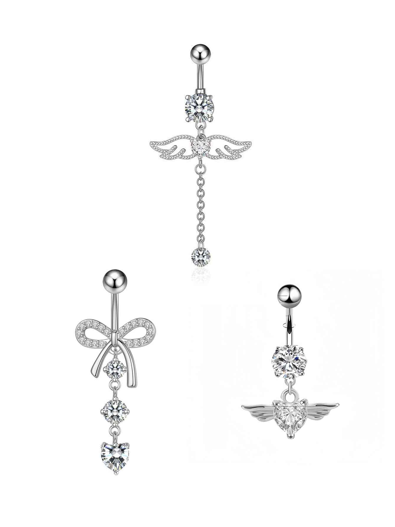 14G 10mm Navel Piercing Jewelry Set, CZ Belly Button Rings, Dangle Butterfly Heart Bowknot Belly Piercing for Women Girls, Hypoallergenic Navel Barbell Body Jewelry for Summer Beach