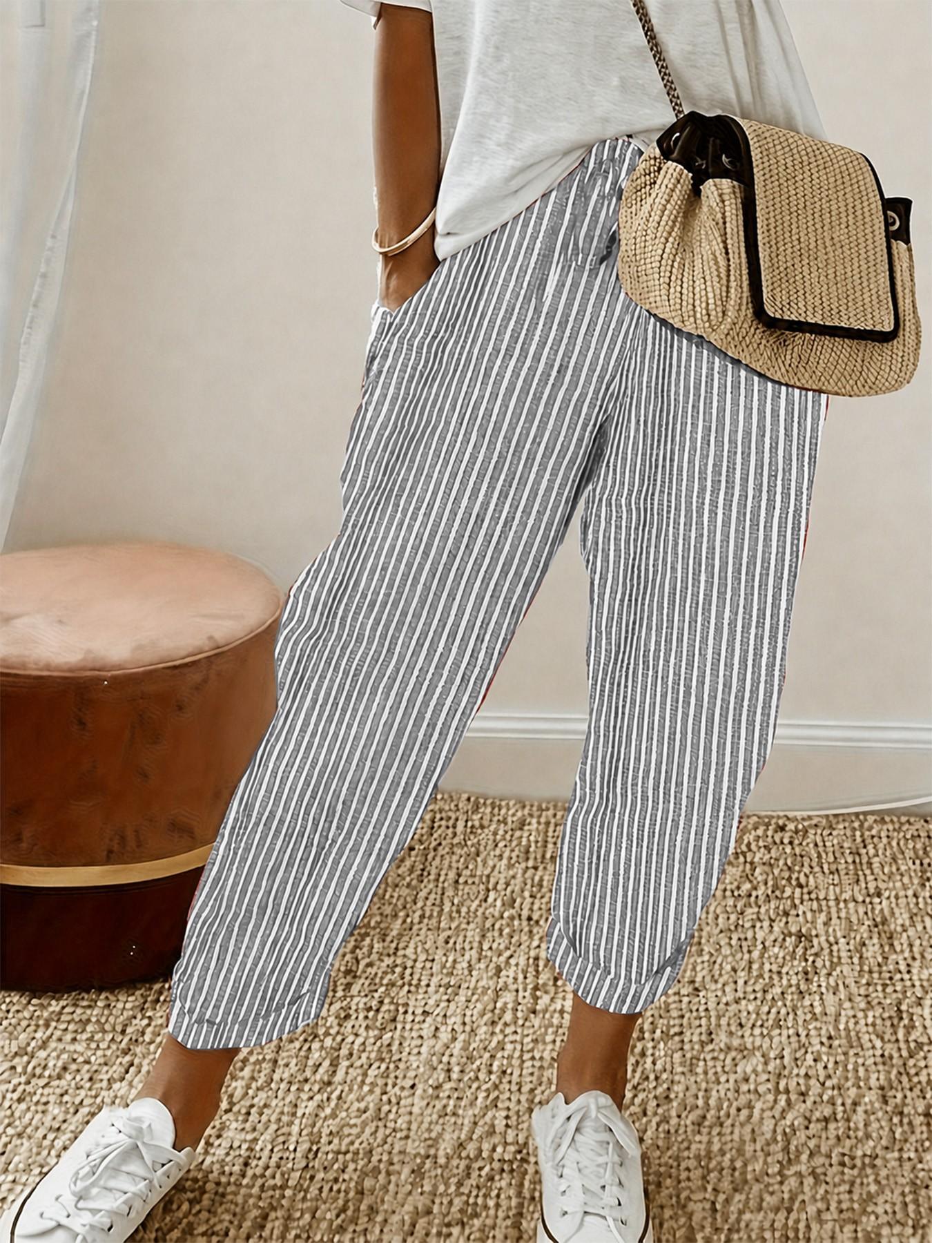 Women's Capri Pants, Cropped Wide Leg Striped Pants with Elastic Drawstring Waist   Side Pockets, Loose Fit Casual Streetwear Trousers for Women, Machine Washable Back To School College Outfit, Travel & Everyday Wear