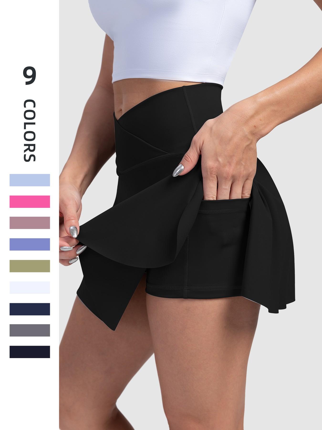 Women's High-Waisted Cross-Belt Sports Skirt, Waist Cinching with Pockets, Anti-Exposure Tennis Skirt, Breathable Yoga Shorts Skirt