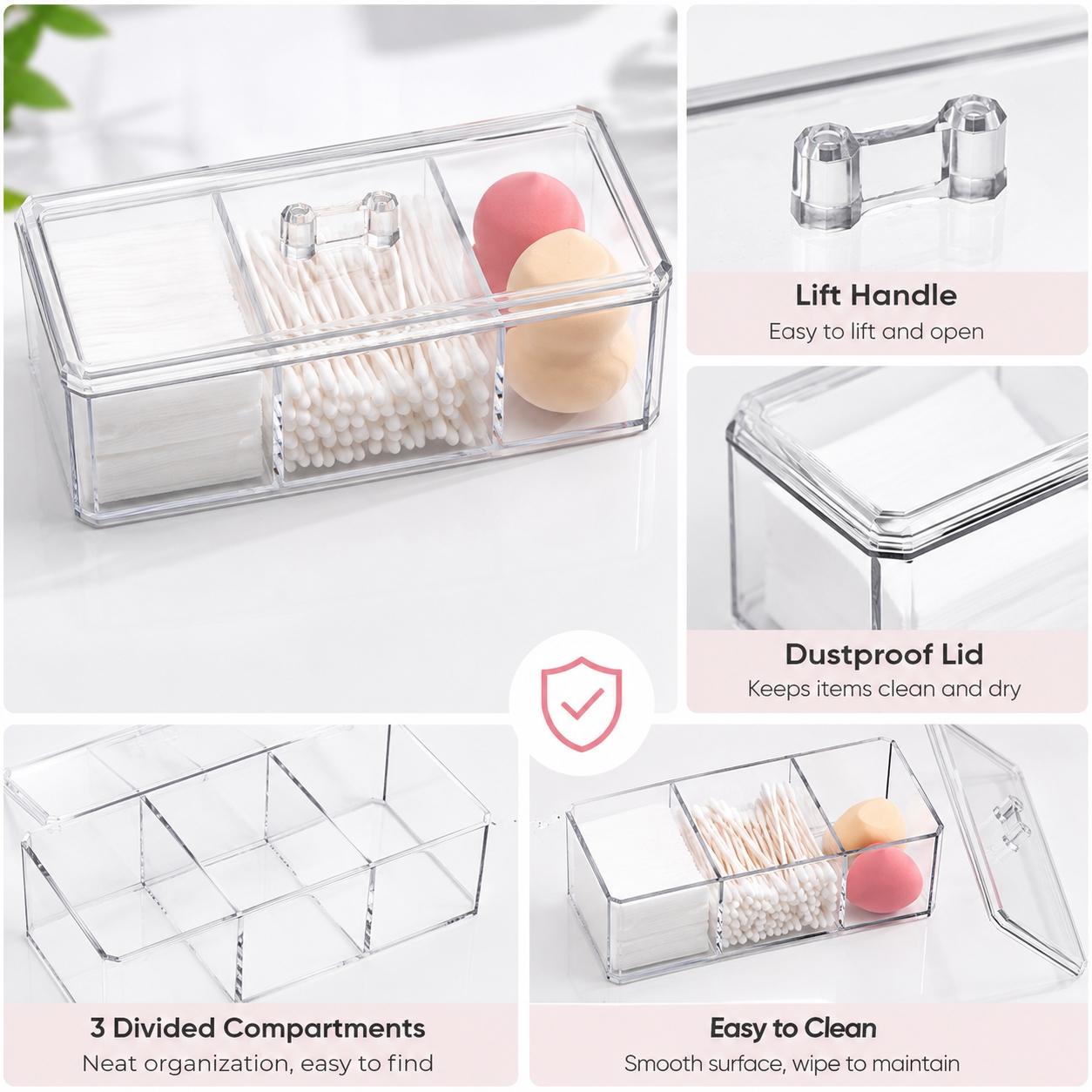 1PCS Clear Acrylic Cotton Pad & Qtip Holder with Lid, 3-Compartment Dustproof Odorless Makeup Organizer for Cotton Balls, Swabs, Beauty Sponges, Powder Puffs, Floss Picks, Bathroom Vanity, Dressing Table, Desk & Skincare Storage