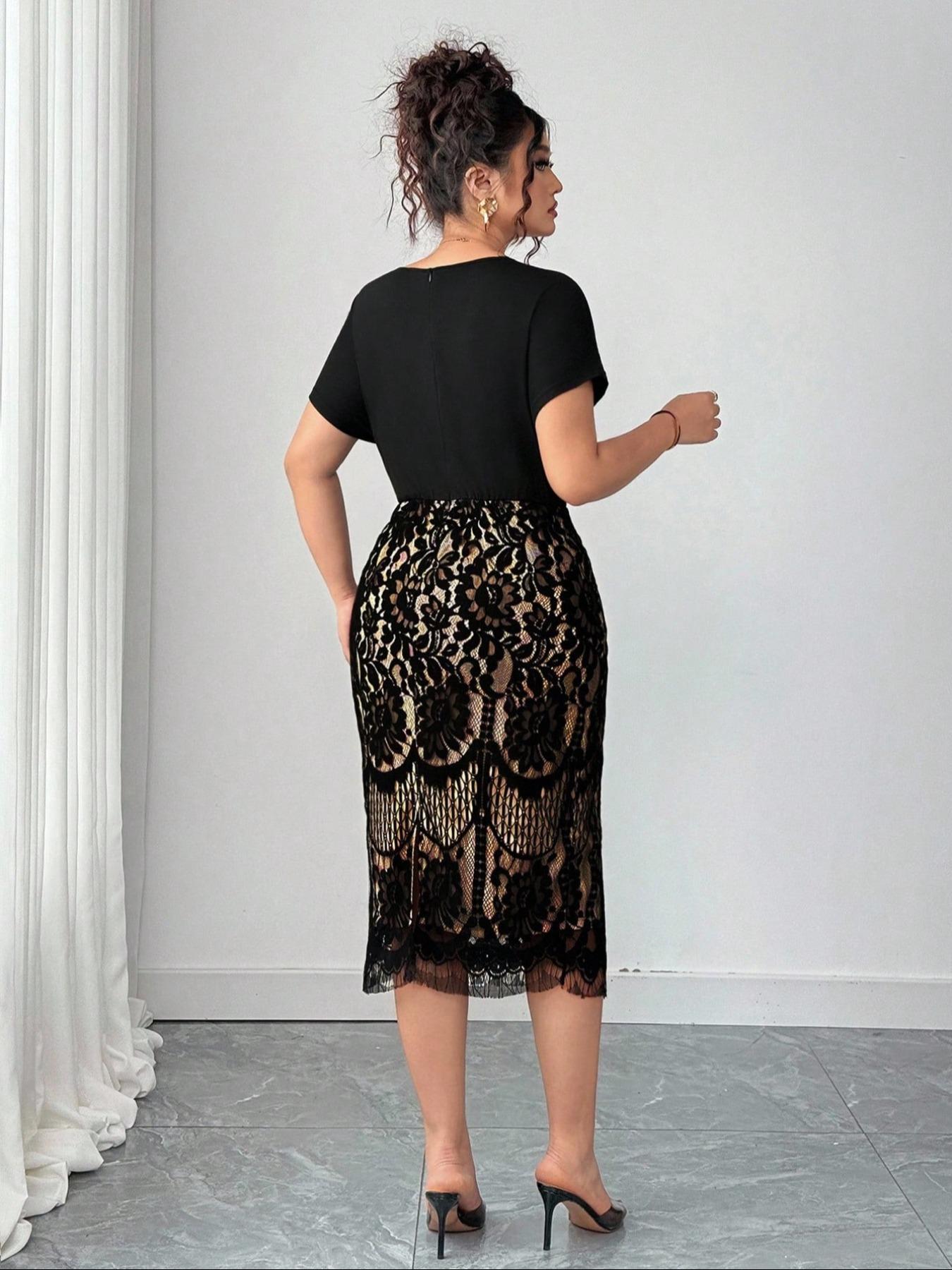 【Plus Size】 Solid V Neck A Line Fitted Dress, Elegant Chic Bishop Sleeve Patchwork Dress for Party Holiday Wedding Guest, Women's Clothes for Spring & Fall