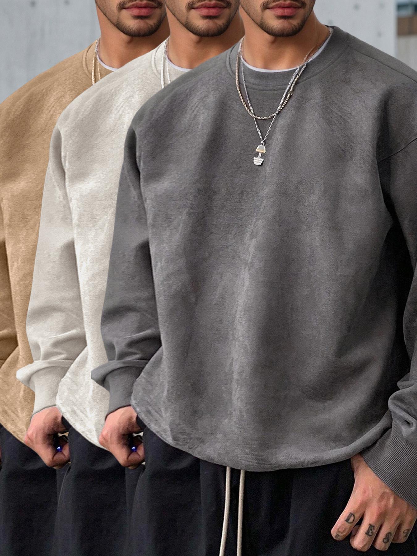 Men's Solid Color Plain Round Neck Drop Shoulder Long Sleeve Fleece Sweatshirt, Casual Fit for Fall & Winter, Comfortable Daily Wear