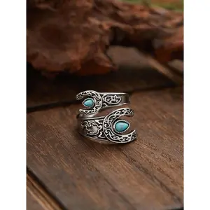 Women's Boho Vintage Fully Adjustable Open Band Cuff Ring with Turquoise Accent - Elegant Zinc Alloy Jewelry, Secure Fit, Unique Texture, Durable Craftsmanship for Leisure, Indoor Recreation