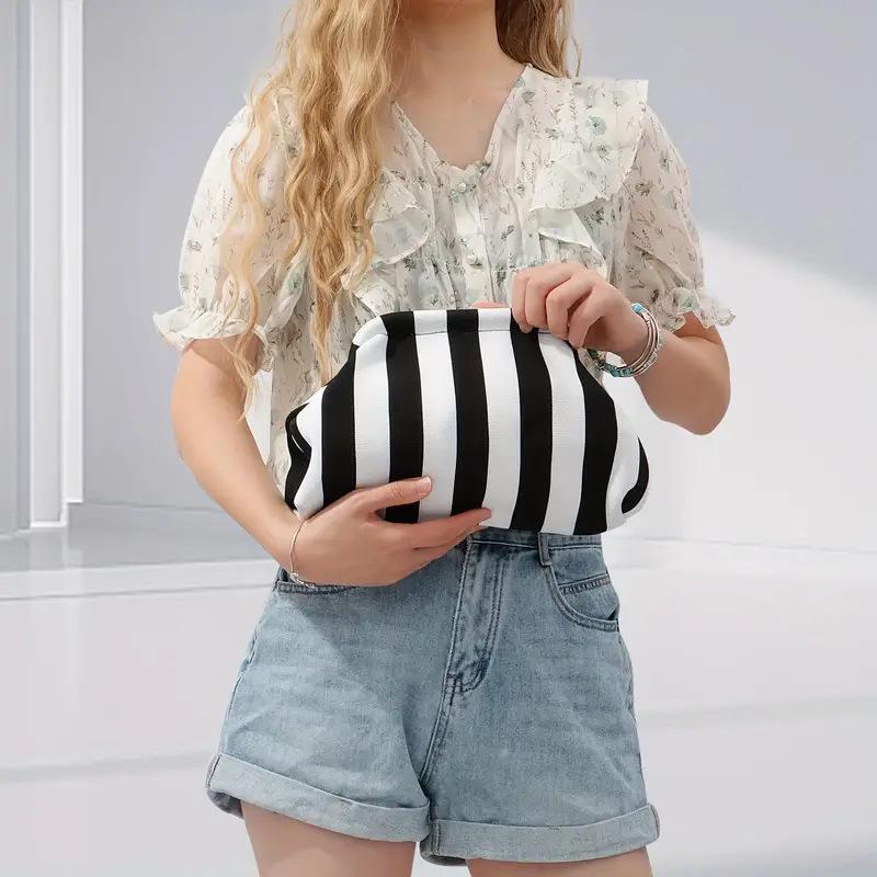 Women's Striped Woven Clutch Purse, Lightweight Compact Polyester Bag with Ruched Dumpling Design for Casual Wear, Stripes