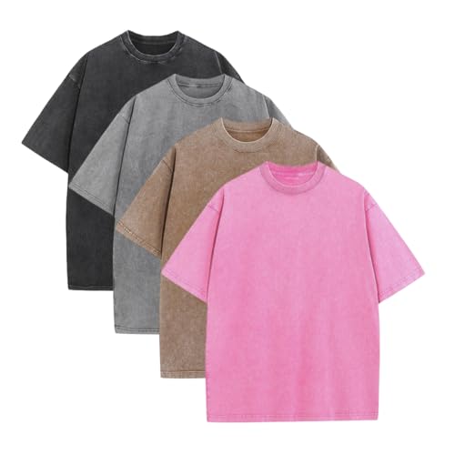 Unisex Oversized Loose-Fitting Short Sleeve Vintage Heavyweight Cotton T-Shirts - 1/4 Pack, Machine Washable, Streetwear, Gym Workout Athletic Top, Casual Sportswear for Teens, 1Pcs Black, Beige+Green+Pink+Purple, Fitness Shirts, Clothing, Men's T Shirts