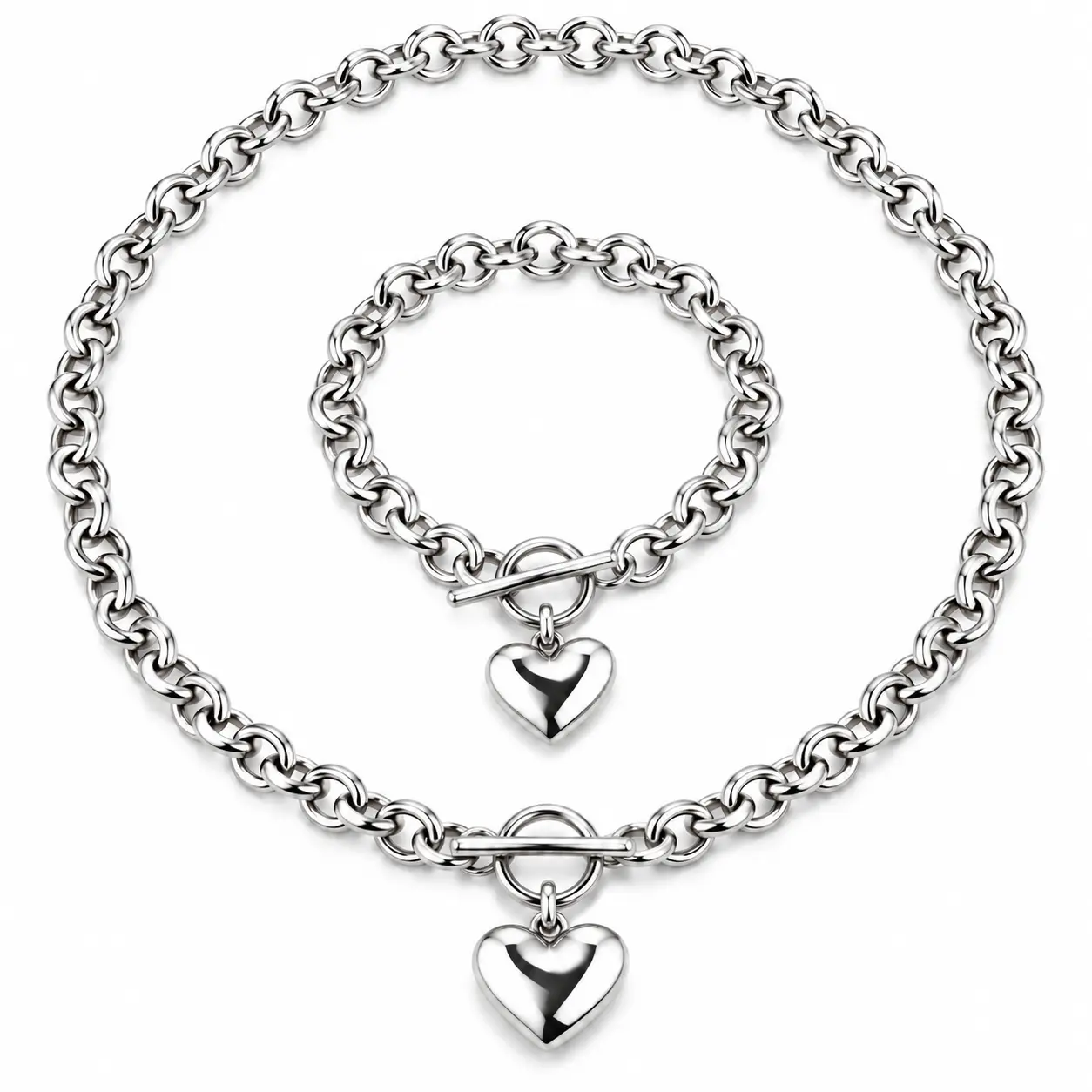 Heart OT Toggle Necklace and Bracelet Set for Women, 304 Stainless Steel, Chunky Oval O-Chain, Polished Heart Pendant, Silver Tone, Y2K Sweet Cool Streetwear Jewelry