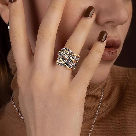 Aprilery Intertwined Metallic Band Ring - Textured Statement Jewelry for Women